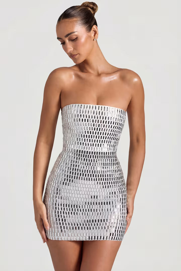Aurora Embellished Bandeau Mini Dress in White