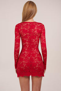 Darla Sheer Scalloped-Lace Long-Sleeve Mini Dress in Rose Red