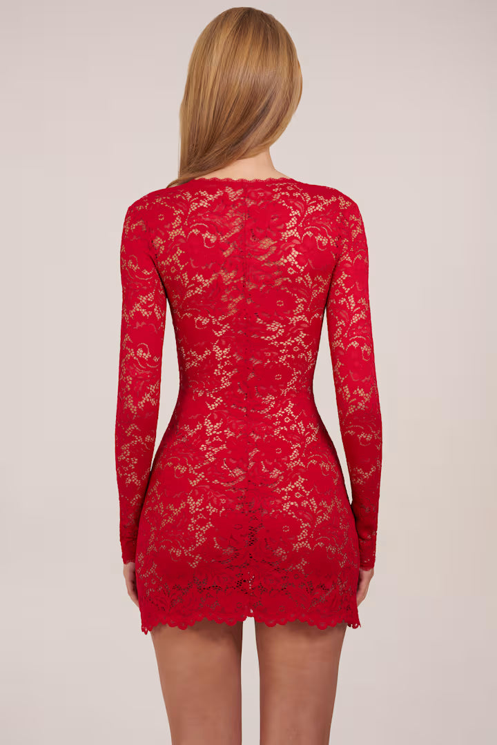 Darla Sheer Scalloped-Lace Long-Sleeve Mini Dress in Rose Red