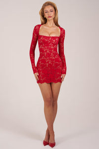Darla Sheer Scalloped-Lace Long-Sleeve Mini Dress in Rose Red
