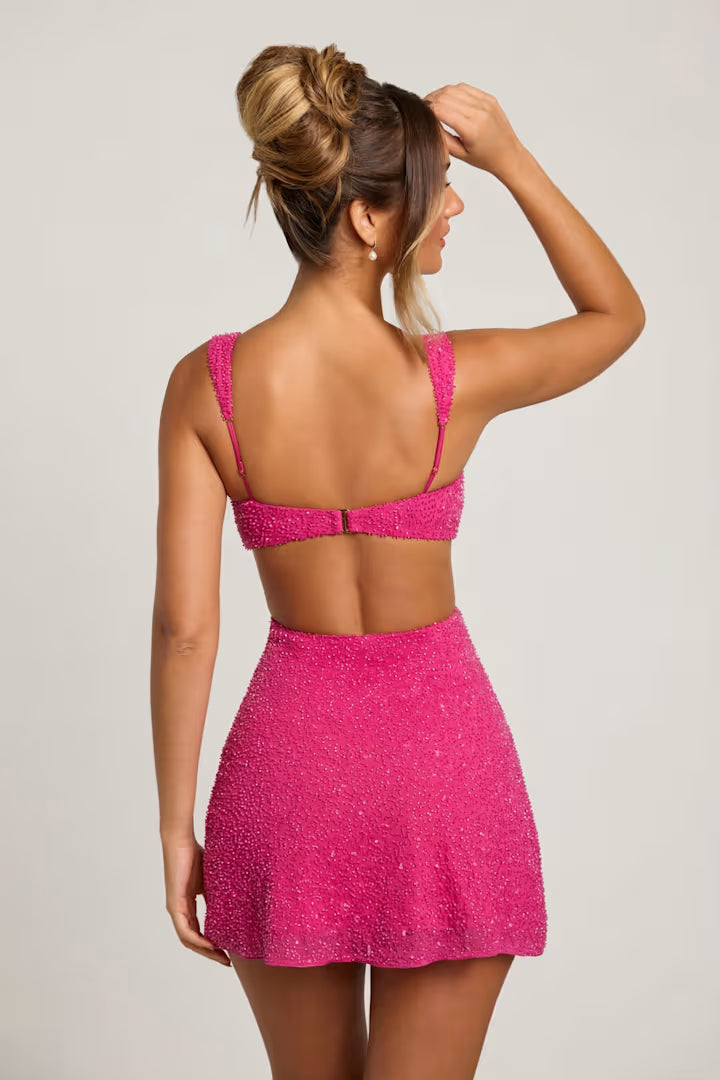 Emilion Embellished Cut Out Mini Dress in Fuschia