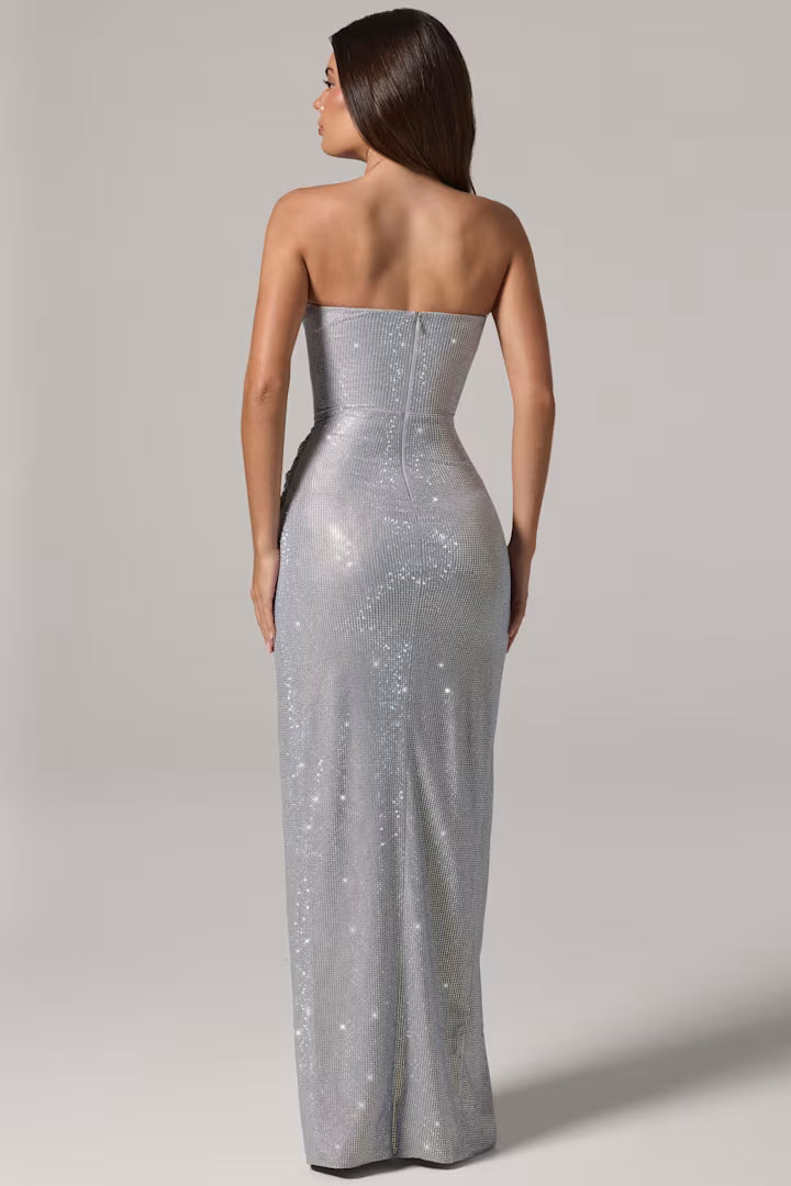 La Rochette Embellished Bandeau Cowl-Waist Maxi Dress in Silver