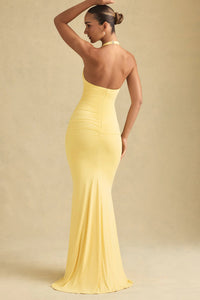 Laverna Ruched Backless Halterneck Gown in Pastel Yellow