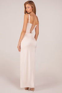 Marleigh Corseted Thigh-High Split Maxi Dress in Pearl