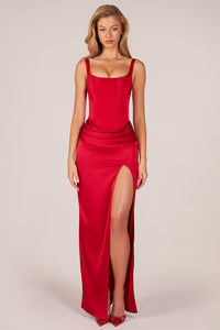 Marleigh Corseted Thigh-High Split Maxi Dress in Rose Red