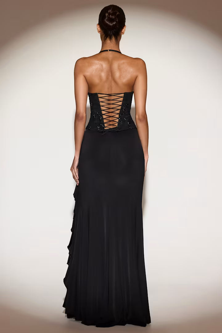 Miravie Embellished Cowl-Neck Ruffled Gown Dress in Black