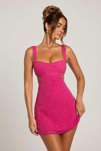 Emilion Embellished Cut Out Mini Dress in Fuschia