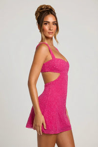 Emilion Embellished Cut Out Mini Dress in Fuschia