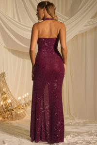 Sansel Embellished Halterneck Gown in Plum