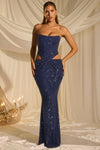 Saphira  Embellished Cut-Out Draped Corset Gown in Midnight Blue