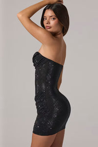 Zara Embellished Bandeau Cowl-Waist Mini Dress in Black