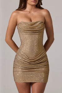Zara Embellished Bandeau Cowl-Waist Mini Dress in Gold