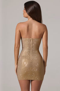 Zara Embellished Bandeau Cowl-Waist Mini Dress in Gold